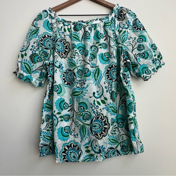 Talbots GRACEFUL FLORAL RUFFLE SQUARE NECK TOP Coastal Blue Green gauze cotton - Picture 13 of 13